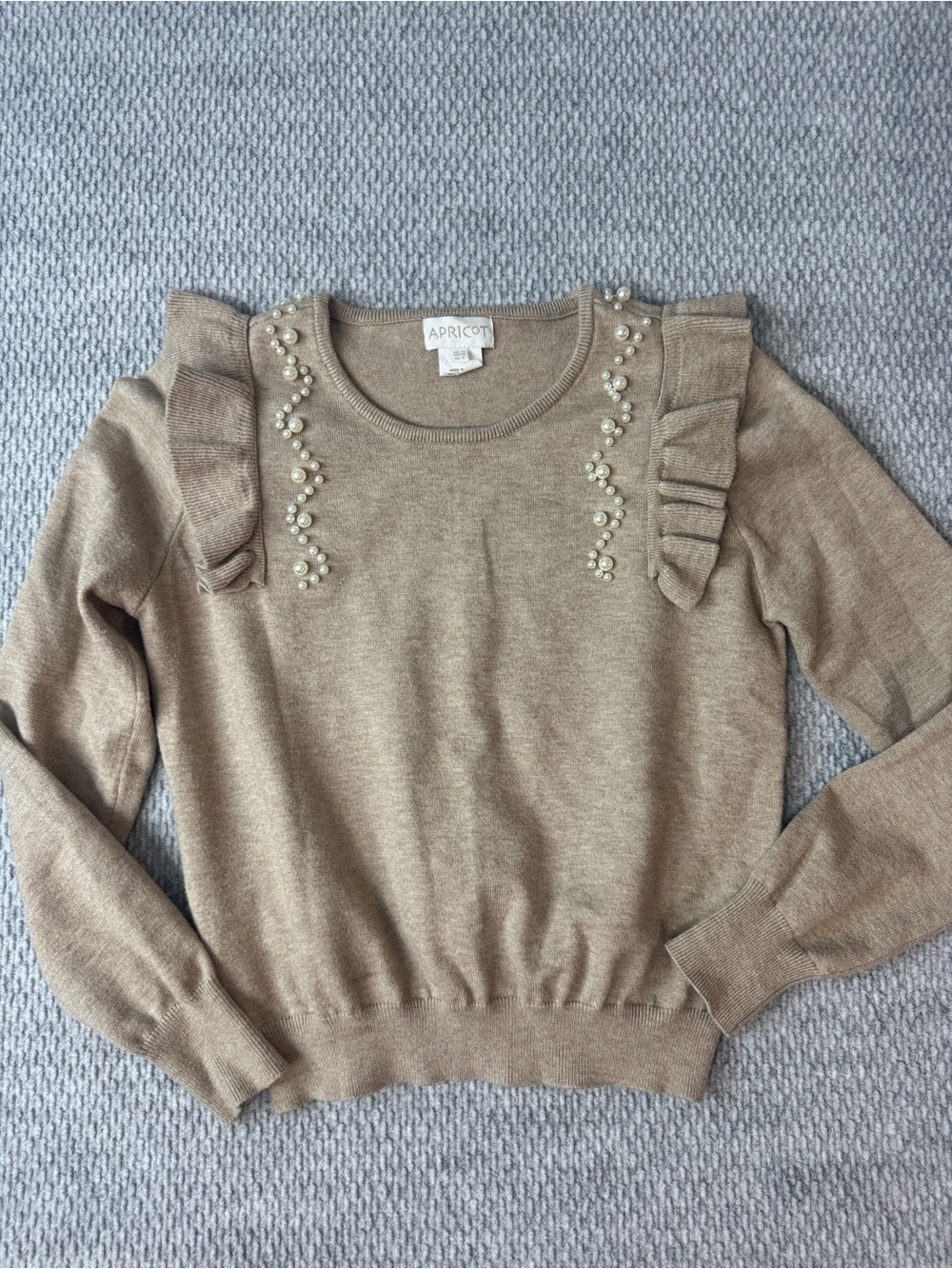 Apricot Sweater Ruffle Pearl Detail Sz 8 Tan